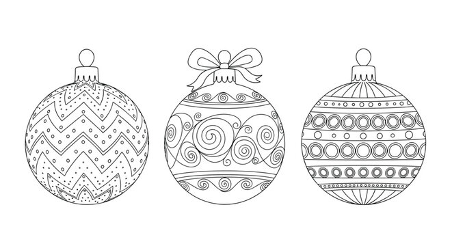 Set of three intricately designed Christmas baubles with detailed doodle patterns, presented as a black and white line art coloring page.
