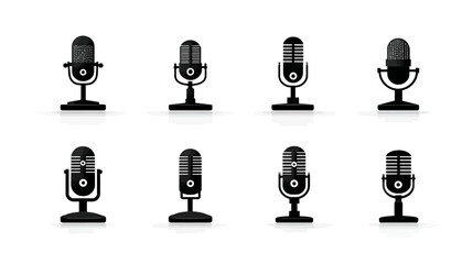 Set of retro vintage microphone icons. Black silhouettes of classic studio and broadcasting mics for podcasting and audio recording.