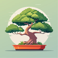Cartoon bonsai tree in a red pot against a light green background with a white circle.