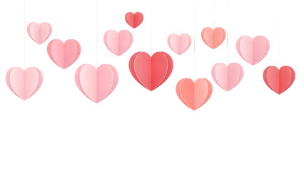 Collection of pink and red shiny hearts hanging in the air on transparent background for valentines day