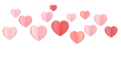 Collection of pink and red shiny hearts hanging in the air on transparent background for valentines day