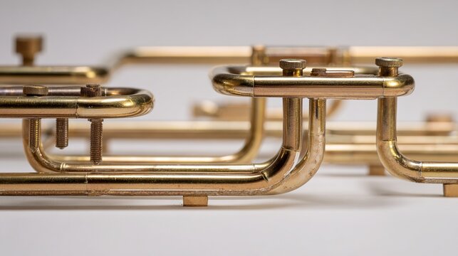 oligarchy. Brass instrument keys and tubing in geometric detail, studio lighting. product launch decks, UI/UX mockups, designed for product launches and innovation pitches.