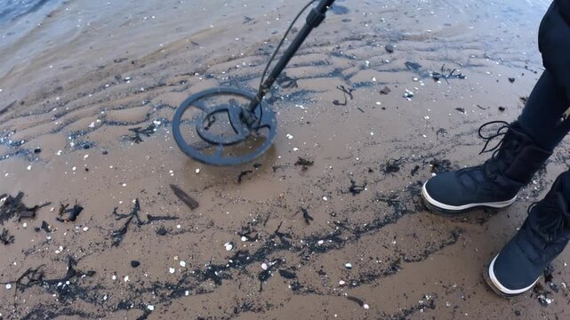 A metal detector coil sweeps across wet shoreline sand near scattered shells and seaweed as a person searches for hidden objects along the water&rsquo;s edge on a cold coastal day.
