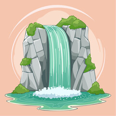 Cartoon waterfall cascading over rocks into a pool of water with green plants.