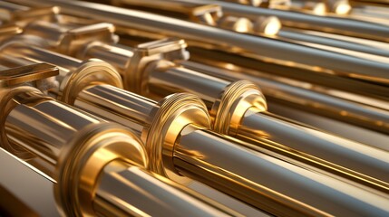 oligarchy. Brass instrument keys and tubing in geometric detail, studio lighting. product launch decks, UI/UX mockups, designed for product launches and innovation pitches.