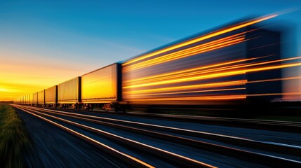 Dynamic Motion of a Freight Train Wrapped in Sunset Colors on Railroad Tracks