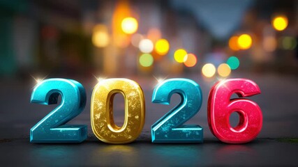Colorful 2026 numbers on city street at dusk with bokeh lights - Powered by Adobe