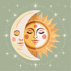 Sun and moon with faces, surrounded by stars, on a green background.