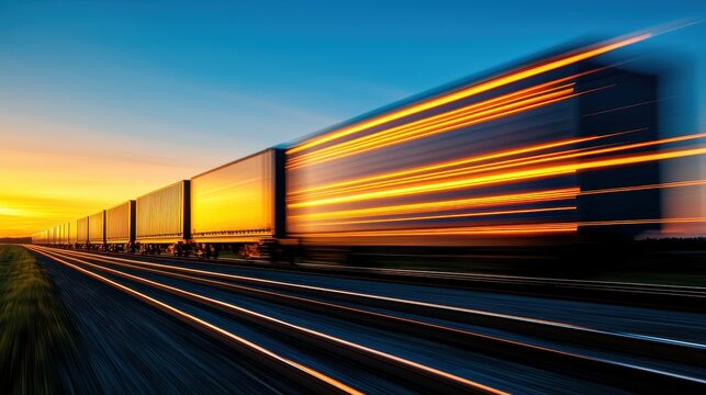 Dynamic Motion of a Freight Train Wrapped in Sunset Colors on Railroad Tracks