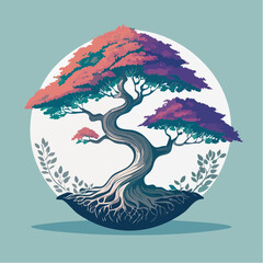 Stylized bonsai tree with colorful leaves and visible roots against a circular backdrop.
