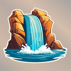 Cartoon waterfall cascading into a pool surrounded by rocks, sticker style.