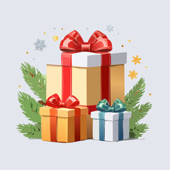 Three wrapped gifts with bows and ribbons, surrounded by pine branches and snowflakes.