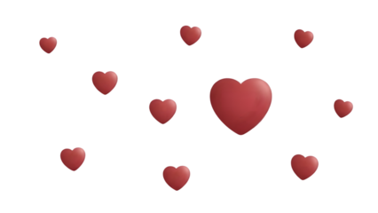 Red hearts floating on transparent background for love and valentines day concepts