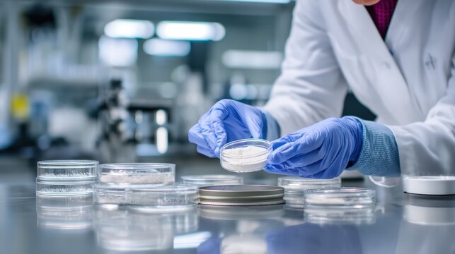 Laboratory specialist evaluating powdered protein sample over stainless surfaces and glassware, highlighting next-generation food research, perfect for sustainable nutrition and biotech advancement.