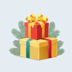 Two stacked gift boxes with ribbons and bows, with pine branches in the background.