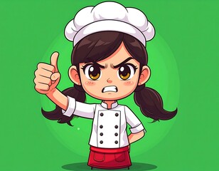 Cartoon illustration featuring a young female chef giving a thumbs-up gesture, appearing stern with angry expression and wearing uniform