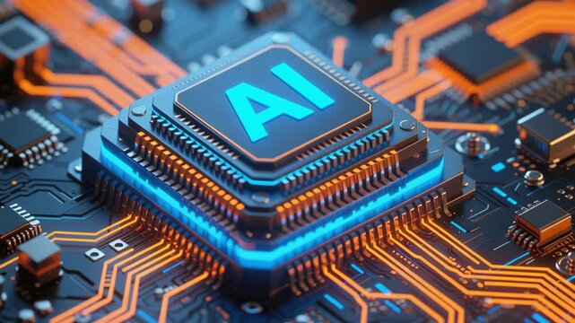 Futuristic Microchip Processor: Glowing Circuit Board on Motherboard for Generative AI and Machine Learning Concept, Assistant technology, automate tasks chatbot