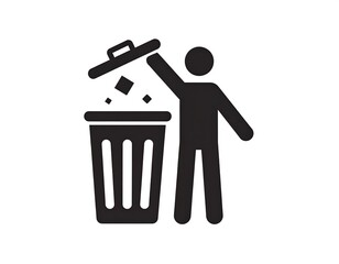 Black silhouette illustrates a person disposing of waste in a cylindrical trash receptacle. The lid is open, waste is falling