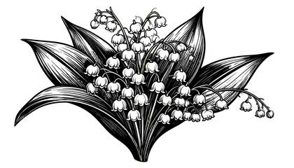 Black and white illustration of lily of the valley flowers with detailed leaves. Classic botanical etching style with delicate lines