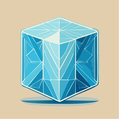 Illustration of a blue ice cube with geometric patterns on a beige background.