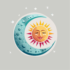 Smiling sun and crescent moon with stars in a circle.
