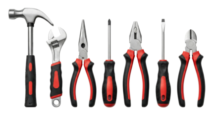 Set of hand tools including hammer pliers screwdrivers and cutters isolated on transparent