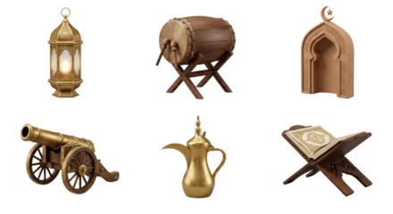 Set of intricate traditional Middle Eastern decorative items and artifacts isolated on transparent