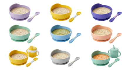 Colorful assortment of ceramic bowls with soup and spoons on a black background isolated