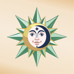 Stylized sun and moon face with starburst, evoking celestial or mystical themes.
