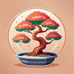 A stylized bonsai tree with red and green leaves in a dark blue pot, set against a circular background.