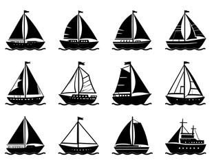 Black silhouette images of various sailing vessels with different sail designs and hull details, arranged in a grid on a white background