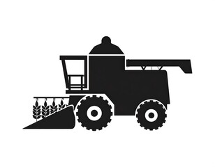 Black silhouette of a combine harvester, viewed from the side, with wheat stalks at its front. Wheels and cabin are visible
