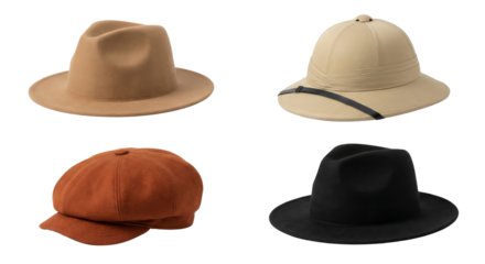 Collection of stylish wide-brimmed hats in various colors and designs isolated on transparent