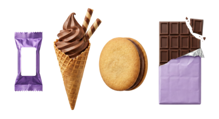 assorted sweet treats and snacks including chocolates cookies ice cream cone isolated on