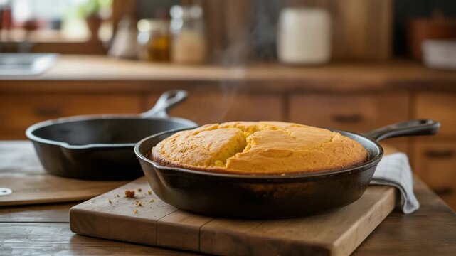 Warm cornbread in cast iron skillet on wooden cutting board