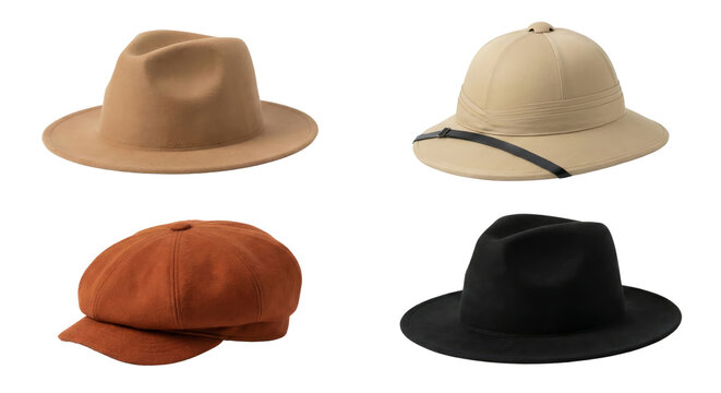 Collection of stylish wide-brimmed hats in various colors and designs isolated on transparent