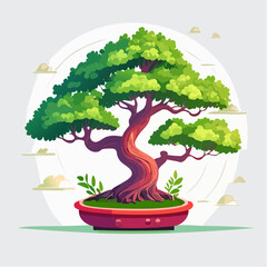 Stylized bonsai tree in a red pot with green leaves and a swirling trunk.