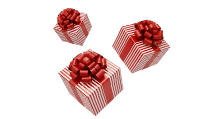 Three red and white striped gift boxes with bows on top isolated on transparent background for holiday or celebration concepts