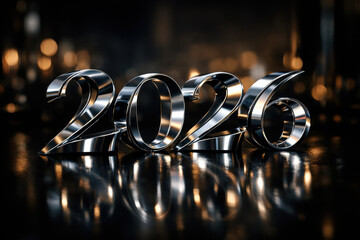 Gleaming chrome numbers 2026 reflected on a dark polished surface with bokeh lights, metal year