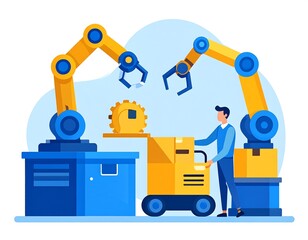 Cartoon illustration featuring automated factory process. Mechanical arms handle parts near a worker and transport boxes