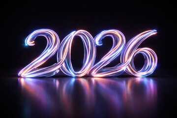 Glowing neon numbers 2026 in purple and blue light on a dark reflective surface