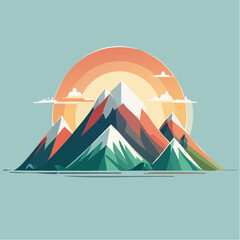 Stylized mountain range illustration with a sunset in the background and a minimalist design.
