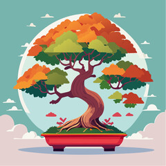 Stylized bonsai tree with vibrant autumn foliage in a red pot against a light blue background.