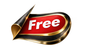 Free sticker label with red glossy badge and curled corner, gold trim promo tag isolated on transparent background
