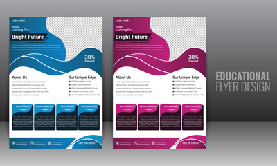 Educational flyer design template set with organic shapes, 4 key features and blue and red gradient colors