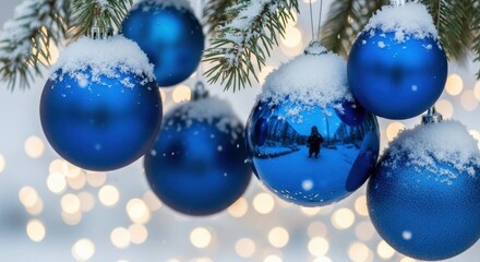 Snow-Kissed Blue Ornaments Hanging on Pine Branch with Sparkling Bokeh Background