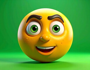 Animated yellow emoji with a human-like face and bright green eyes