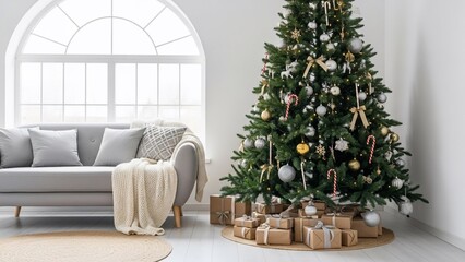Christmas Tree with Gifts in Modern Living Room.