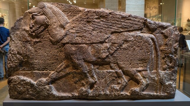 assyrian. Ancient Assyrian stone relief of winged bull, museum artifact detail. event programs, museum guides, designed for cultural heritage projects and event programs, supports education.