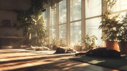 Relaxing cats bask in the sunlight streaming through a wall of windows, surrounded by lush greenery in an indoor space